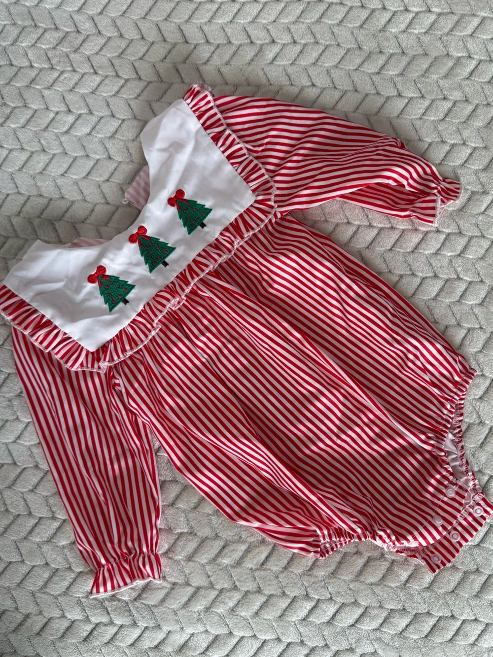 Red Stripe Baby Christmas Outfit with Tree Applique